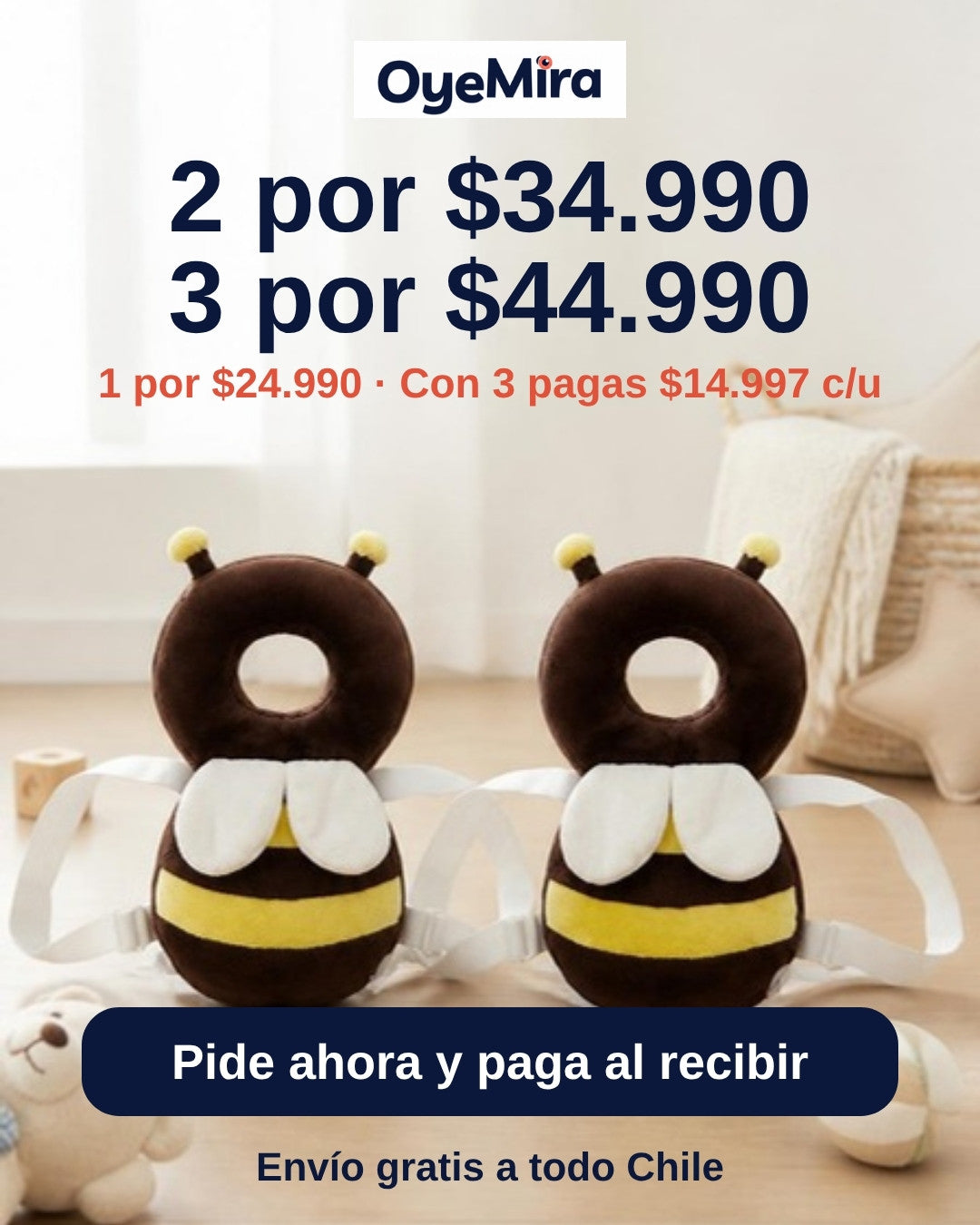 Packs de mochila protectora: 1 por $24.990, 2 por $34.990, 3 por $44.990. Envío gratis y pagas al recibir