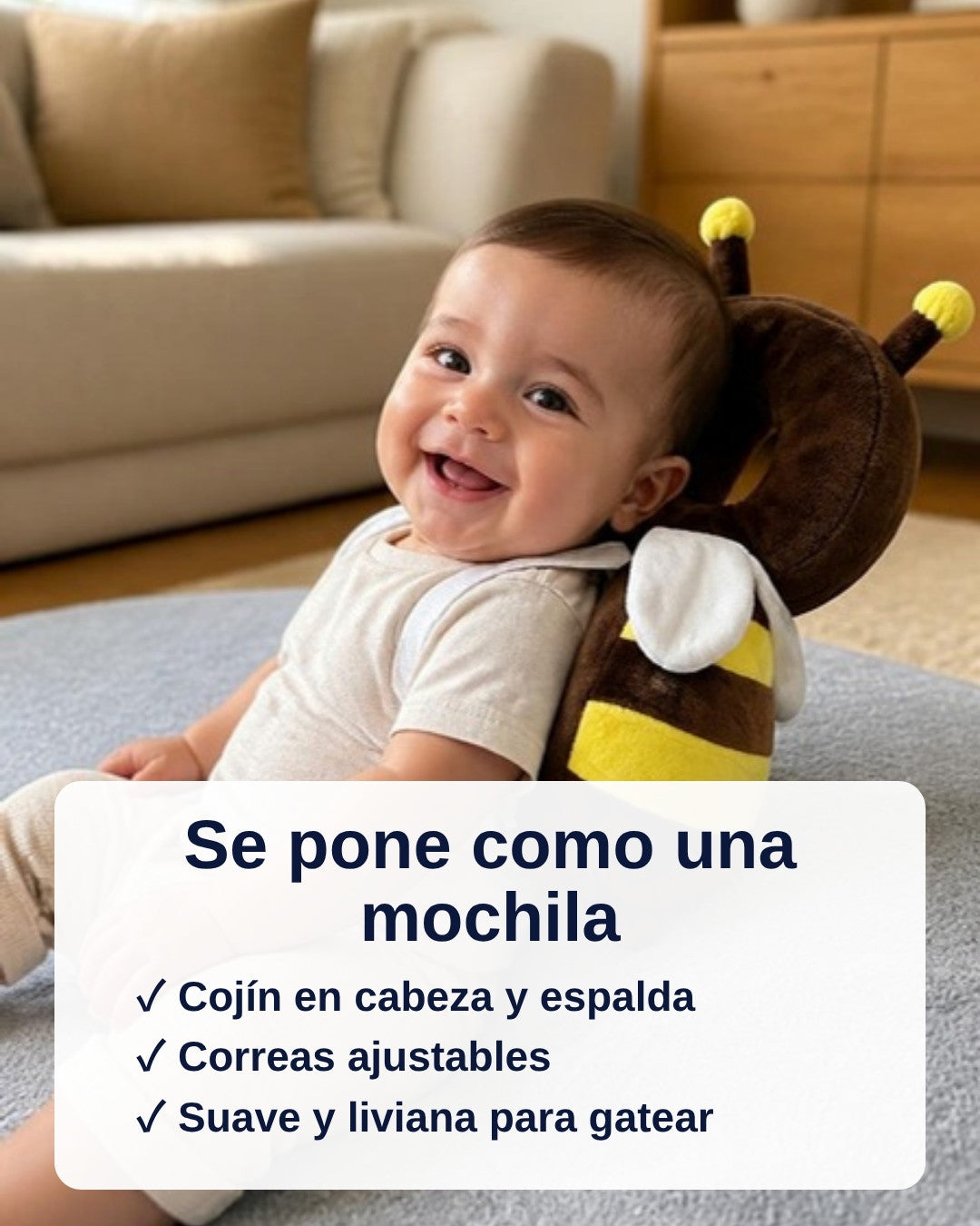 Se pone como una mochila: cojín en cabeza y espalda, correas ajustables, suave y liviana